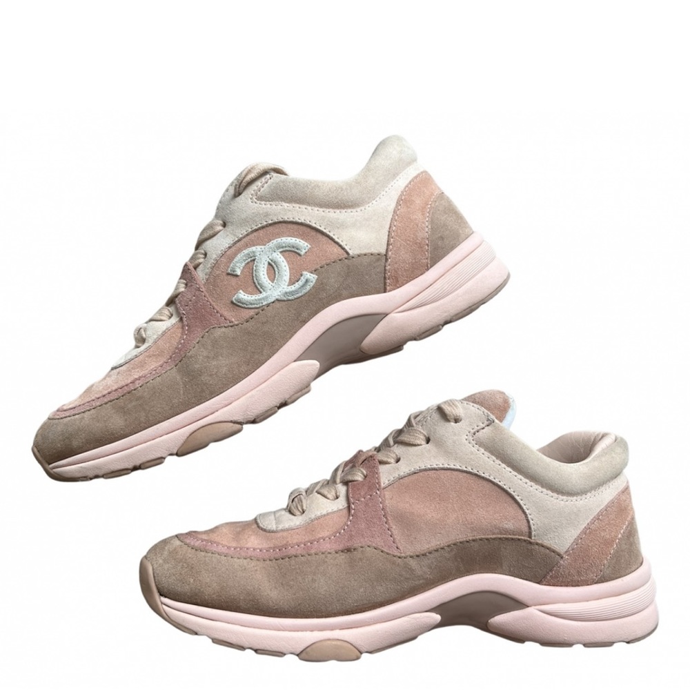 CHANEL Pink & Beige Suede Sneakers